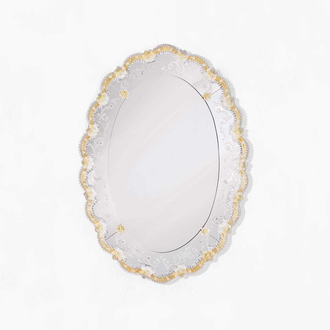 Venetian Murano Glass Oval Mirror with ornate design showcasing Italian craftsmanship and elegance.