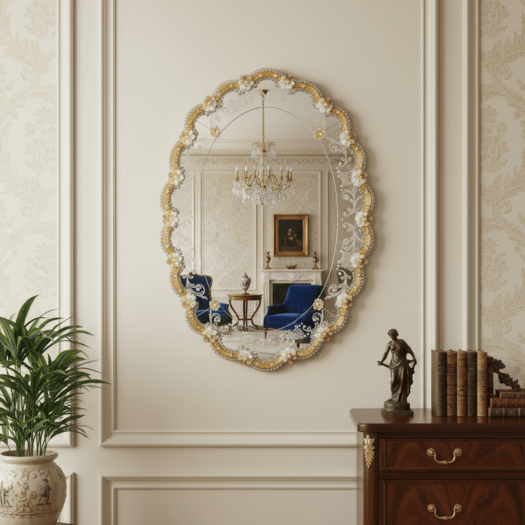 Elegant Venetian Murano Glass Oval Mirror reflecting a classic Italian interior with ornate details and craftsmanship.