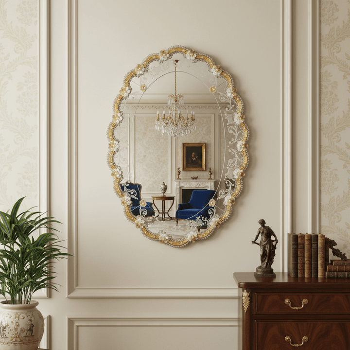 Elegant Venetian Murano Glass Oval Mirror reflecting a classic Italian interior with ornate details and craftsmanship.
