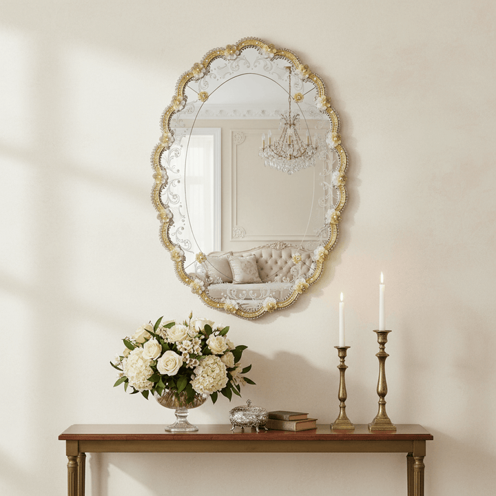 Elegant living room with Venetian Murano Glass Oval Mirror on wall, floral arrangement, and candle holders.
