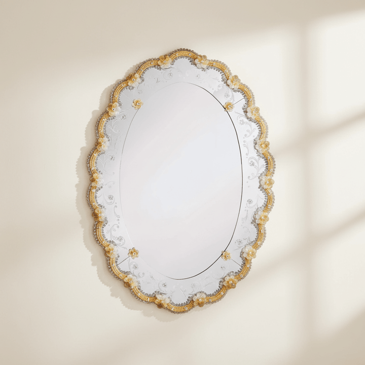 Venetian Murano Glass Oval Mirror with intricate gold detailing, handcrafted by Italian artisans on Murano Island.