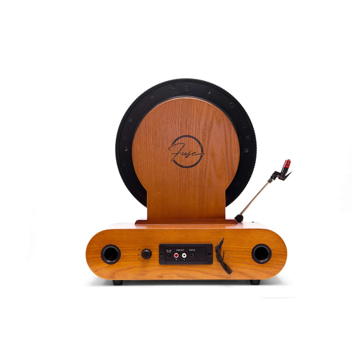 Wooden audio equipment with brand logo on a white background