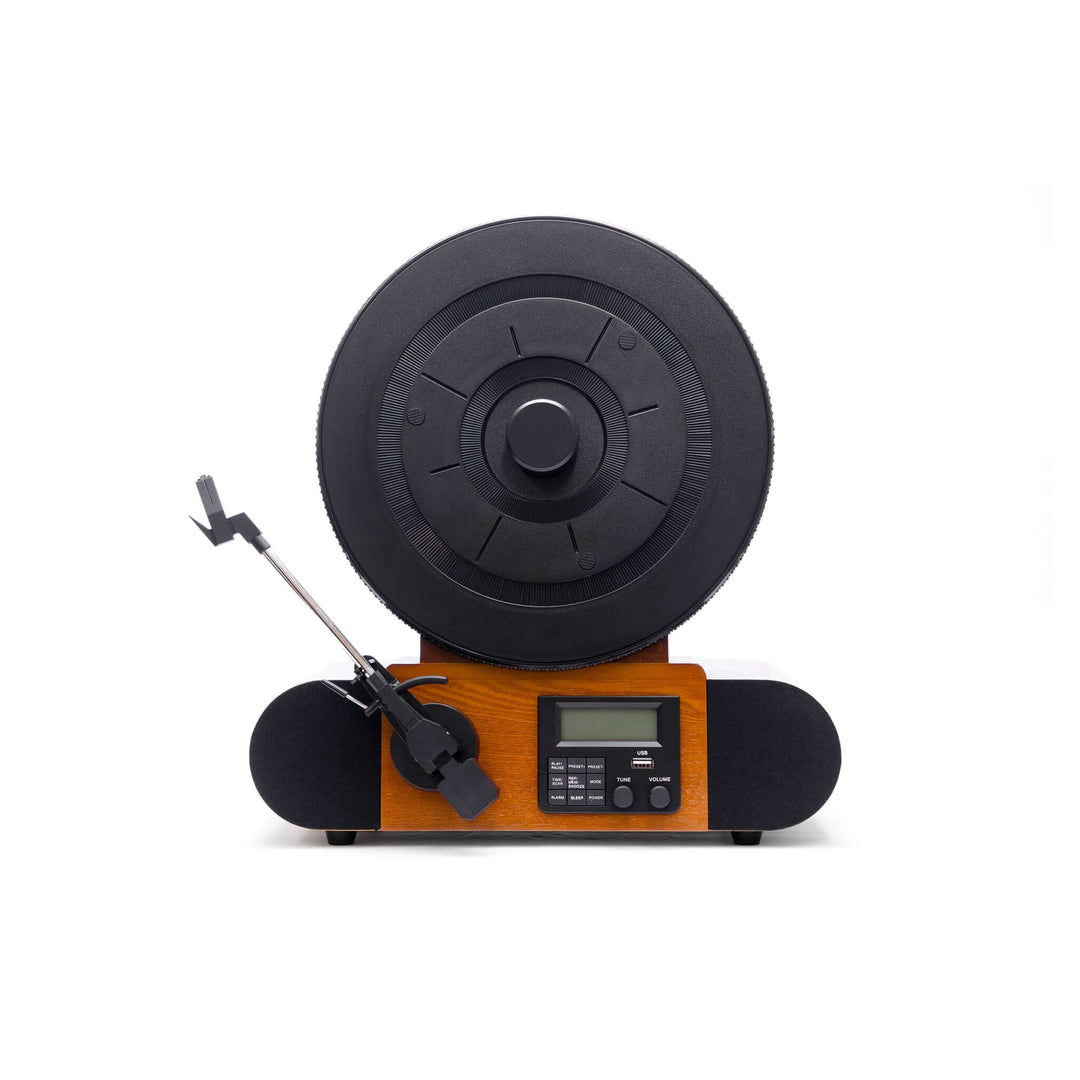 Wooden lathe with black wheel and digital display on a white background