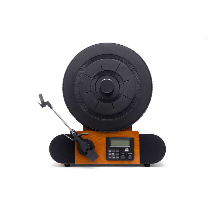 Wooden lathe with black wheel and digital display on a white background