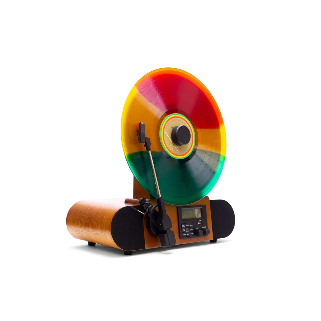Colorful vinyl record player with a rainbow-colored turntable on a white background