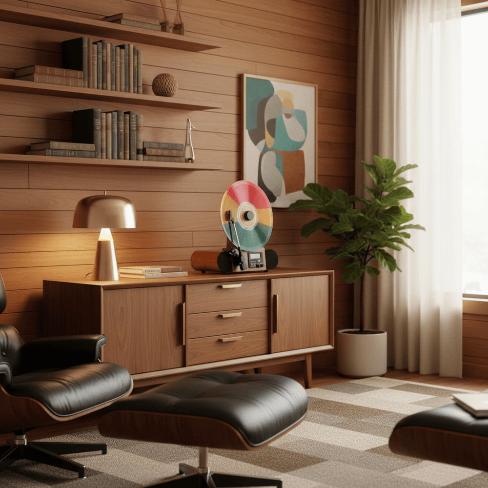 Mid-century modern study with wooden shelves, a chair, plant and a vertical record player on a console.