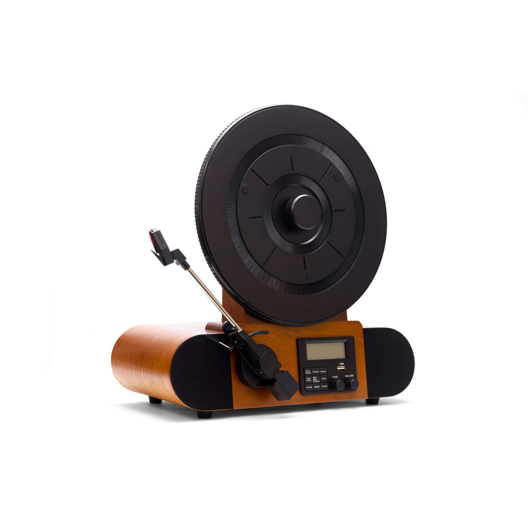 Wooden record player with black turntable on a white background