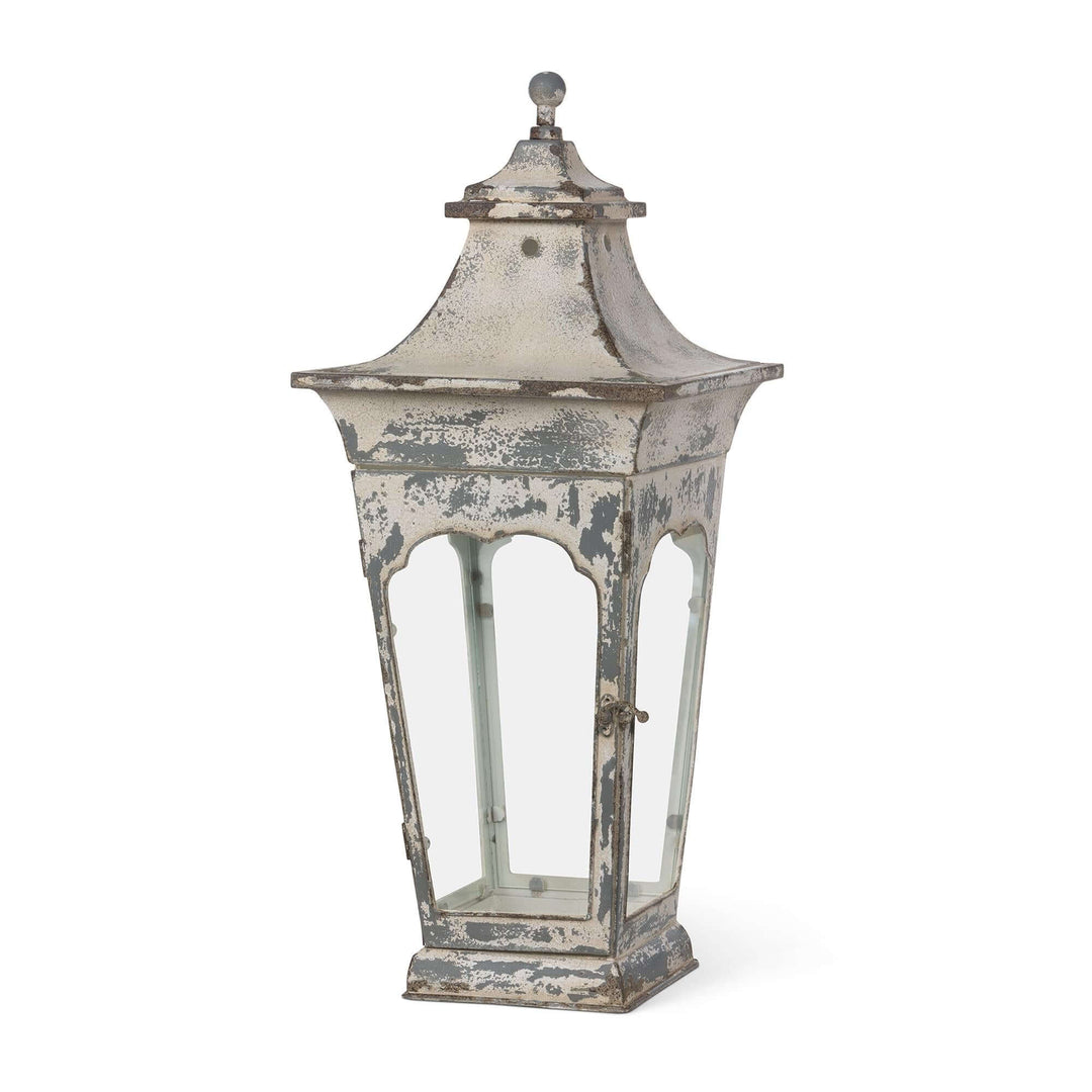 Vespera Iron Lantern, large: angled view showing the distressed finish, flared roof and scalloped window frames