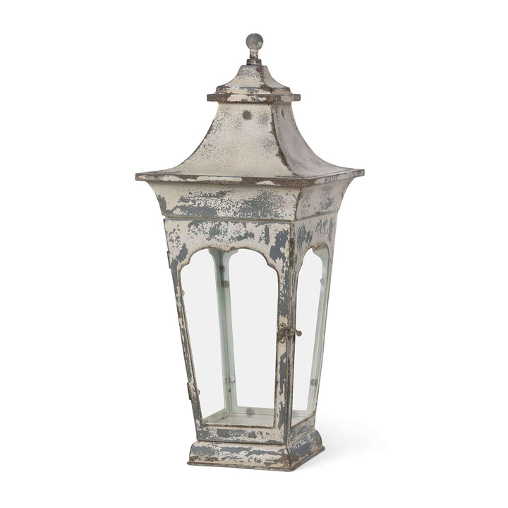 Vespera Iron Lantern, large: angled view showing the distressed finish, flared roof and scalloped window frames