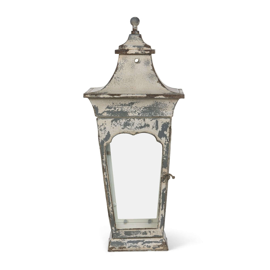 Vespera Iron Lantern, large: front view with scalloped window frame and latch