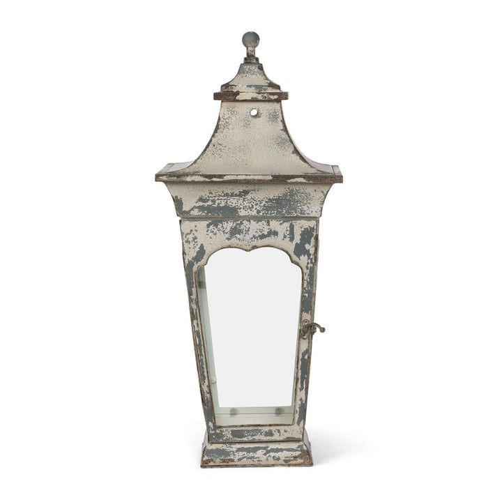 Vespera Iron Lantern, large: front view with scalloped window frame and latch