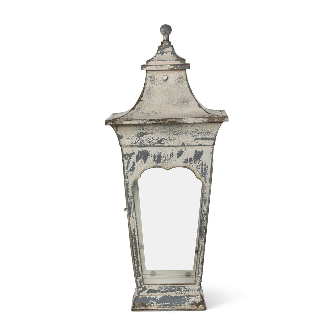 Vespera Iron Lantern, large: rear view showing the distressed finish and rounded finial