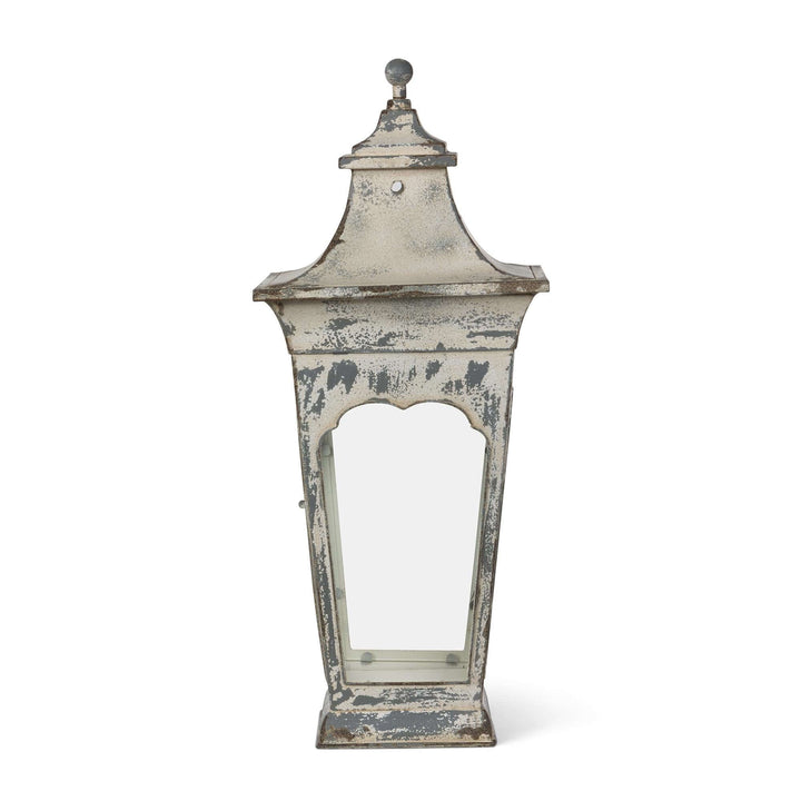 Vespera Iron Lantern, large: rear view showing the distressed finish and rounded finial