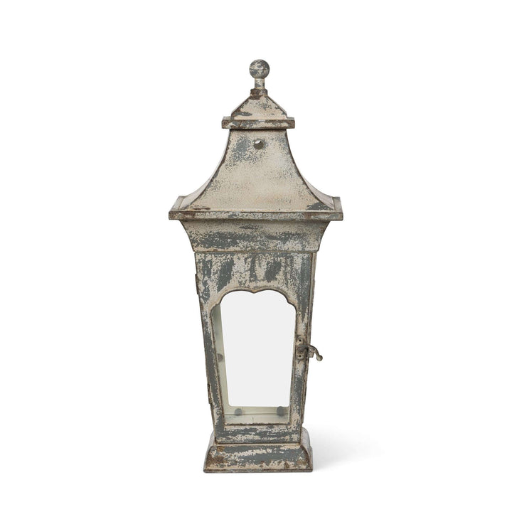Vespera Iron Lantern, small: front view with scalloped window frame and latch