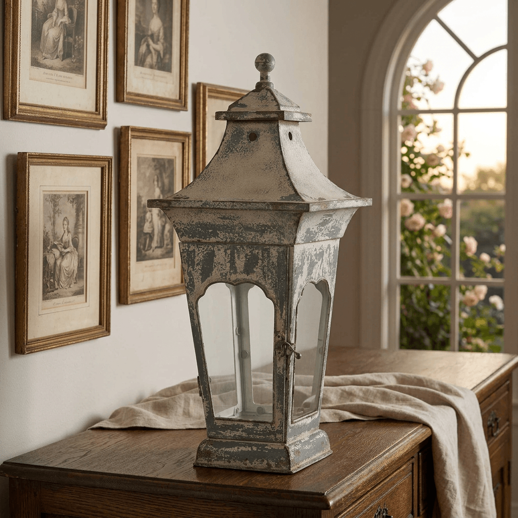 Small Vespera Iron Lantern on an antique oak sideboard in a dining room