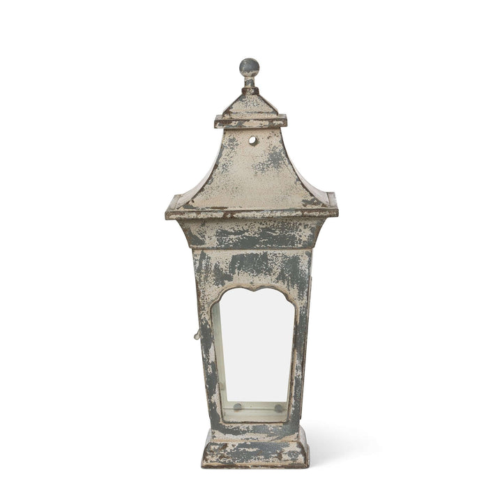 Vespera Iron Lantern, small: rear view showing the distressed finish and rounded finial