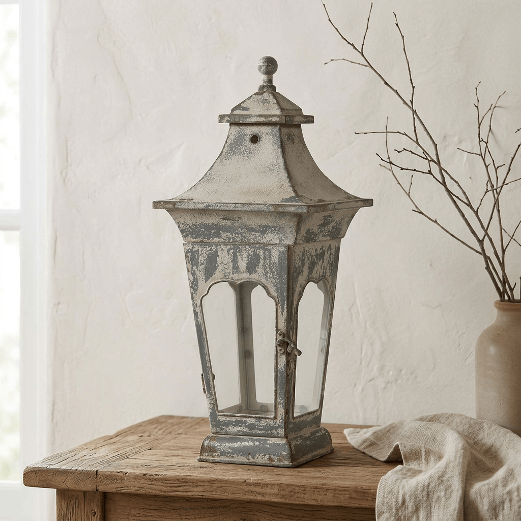 Small Vespera Iron Lantern displayed on a rustic wood console in a cottage interior