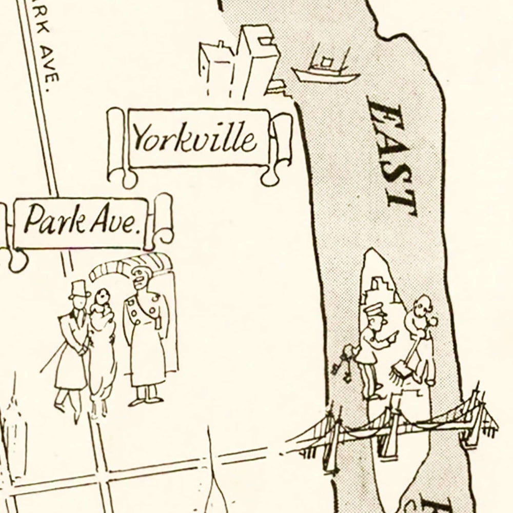 Detail of Vintage Map of Manhattan 1935 showing Yorkville and Park Ave with whimsical illustrations, capturing historical charm.