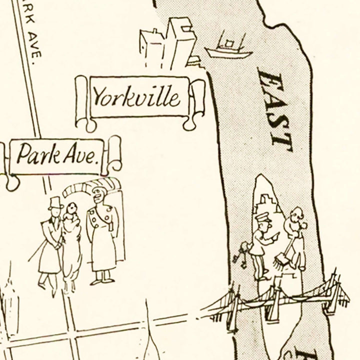 Detail of Vintage Map of Manhattan 1935 showing Yorkville and Park Ave with whimsical illustrations, capturing historical charm.