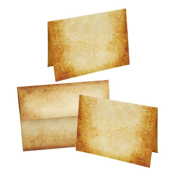 Vintage Aged Parchment Note Card Set with Matching Envelopes displayed with rich, antique paper texture.