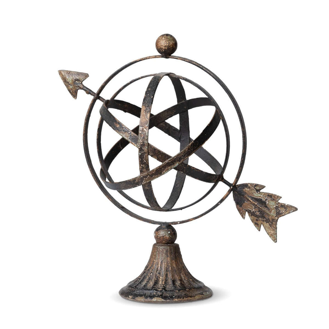 Vintage armillary iron sculpture with arrow, historical decor piece echoing ancient astronomy, ideal for home or office.