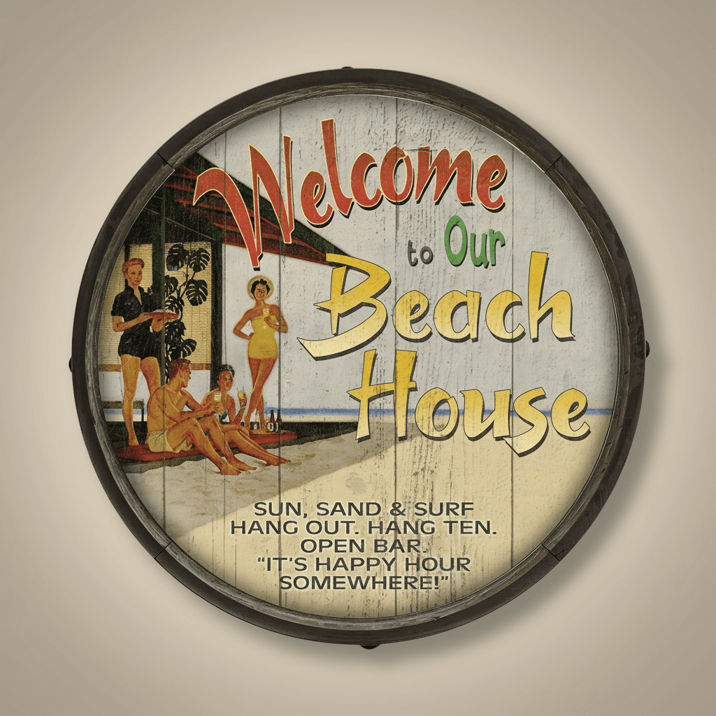 Vintage Beach House Barrel End Wall Sign with nostalgic beach scene and retro font, ideal for coastal decor enthusiasts.