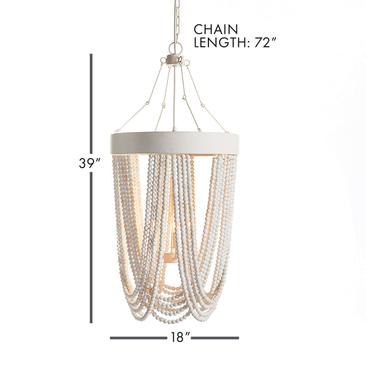 Vintage beaded chandelier with whitewashed wood beads, 39" height and 18" width, with a 72" chain length.