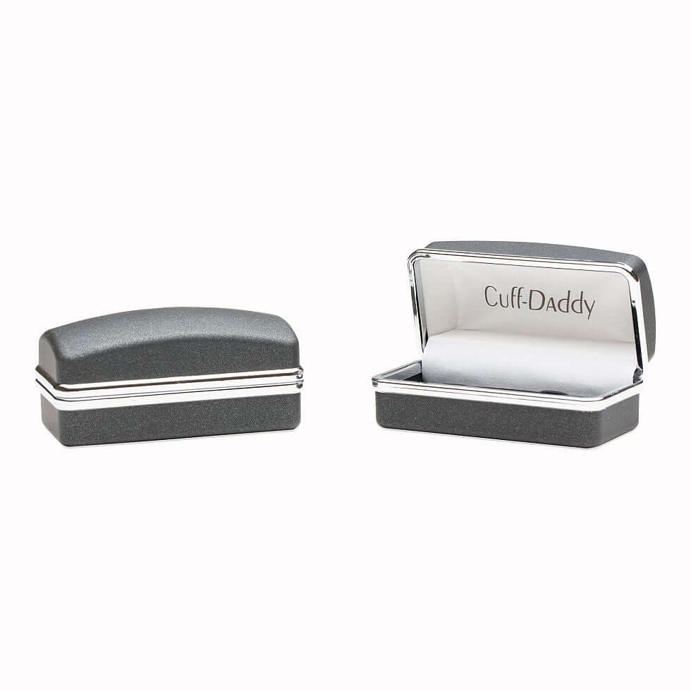 Cuff Daddy cufflink box open and closed, showcasing elegant packaging for cufflinks.