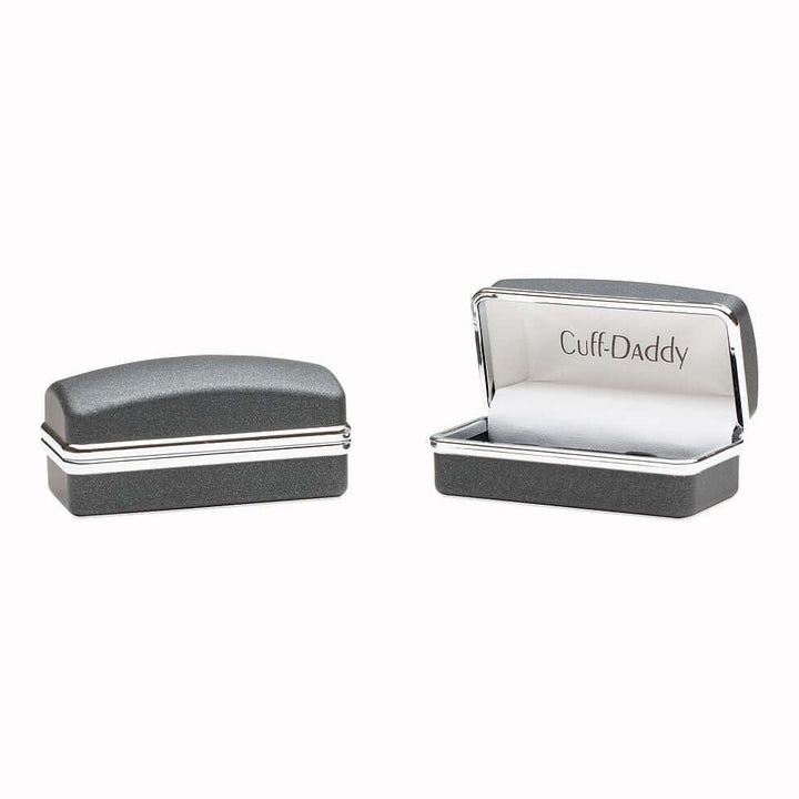 Cuff Daddy cufflink box open and closed, showcasing elegant packaging for cufflinks.