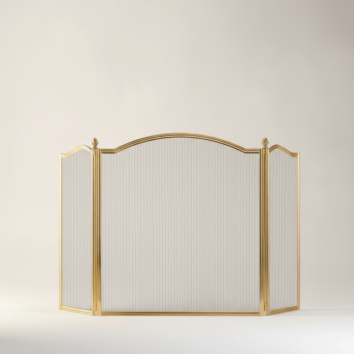 Vintage Brass Fireplace Screen with Black Mesh, handcrafted Italian design of polished brass elegance for fireplaces.