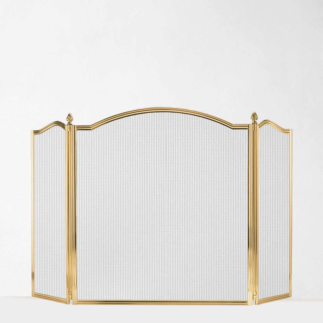 Vintage Brass Fireplace Screen with Black Mesh, handcrafted Italian design, elegant polished brass, home decor enhancement