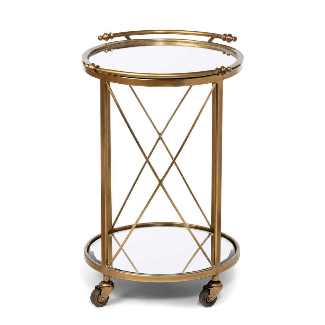 Vintage brass round bar cart with mirrored shelves and elegant Hollywood Regency design.