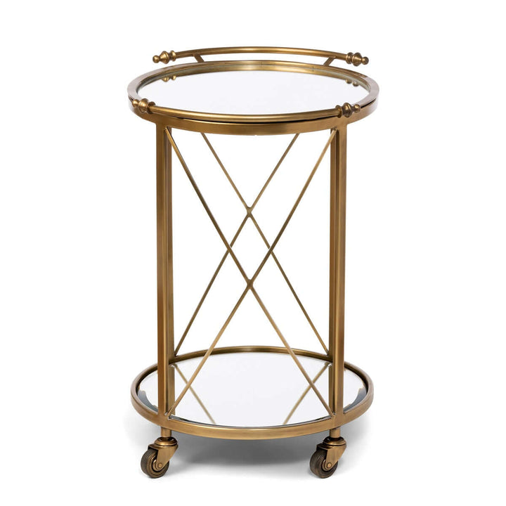 Vintage brass round bar cart with mirrored shelves and elegant Hollywood Regency design.
