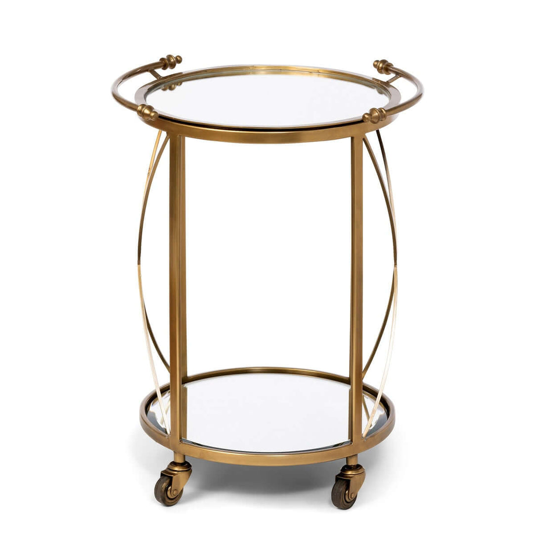 Vintage brass round bar cart with mirrored shelves and wheels, Hollywood Regency style, elegant curved design for home entertaining.