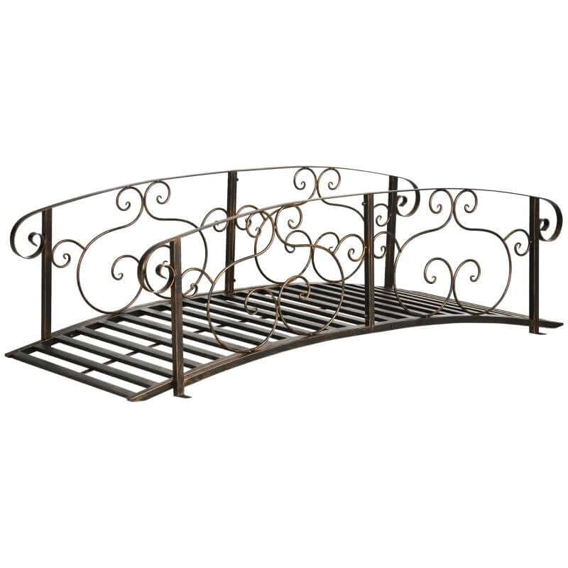 Vintage Bronze Arch Garden Bridge with Scrollwork featuring ornate scroll designs and antique bronze finish, ideal for garden decoration.