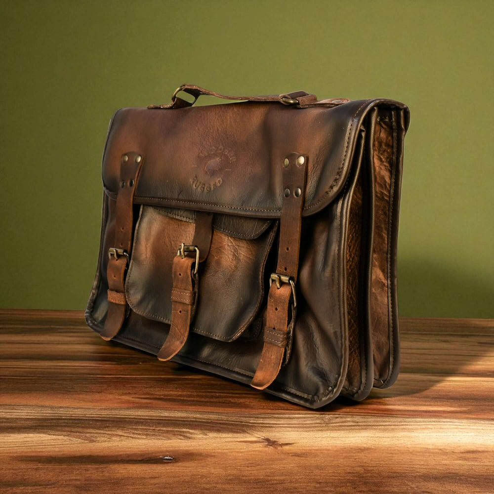 Vintage Brown Leather Laptop Bag with Twin Straps - Classic and durable design on a wooden surface