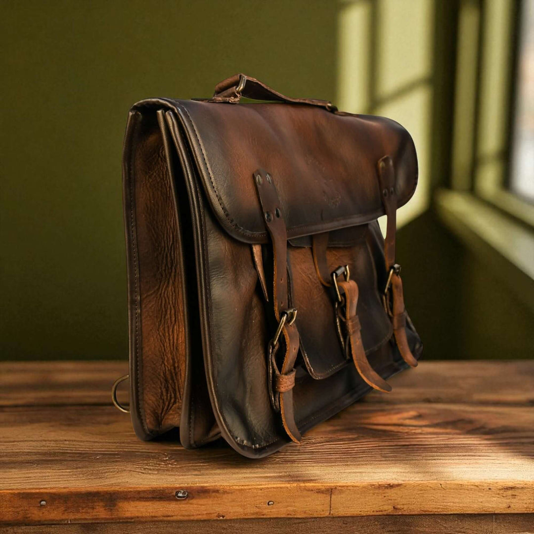 Vintage Brown Leather Laptop Bag with Twin Straps on a wooden table, showcasing classic craftsmanship and durable design.