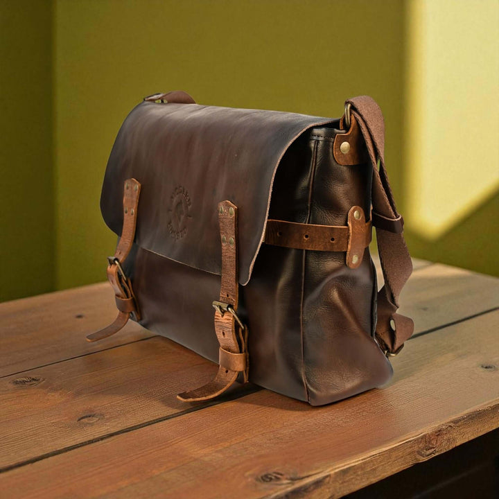 Vintage Brown Leather Messenger Bag with buckled straps on wooden table in warm light.