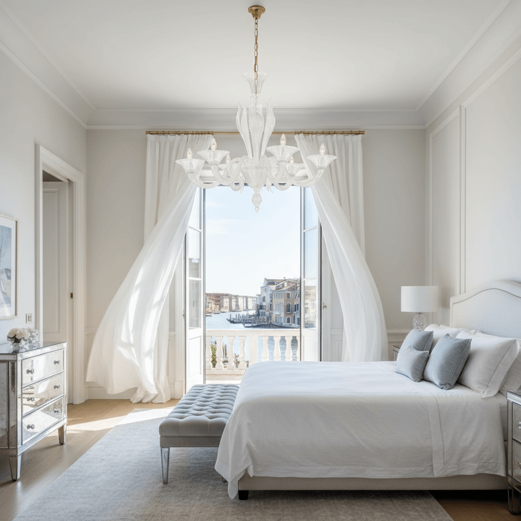 Vintage Clear Murano Glass Chandelier in elegant bedroom with Venetian view, highlighting artisanal craftsmanship and luxury design.