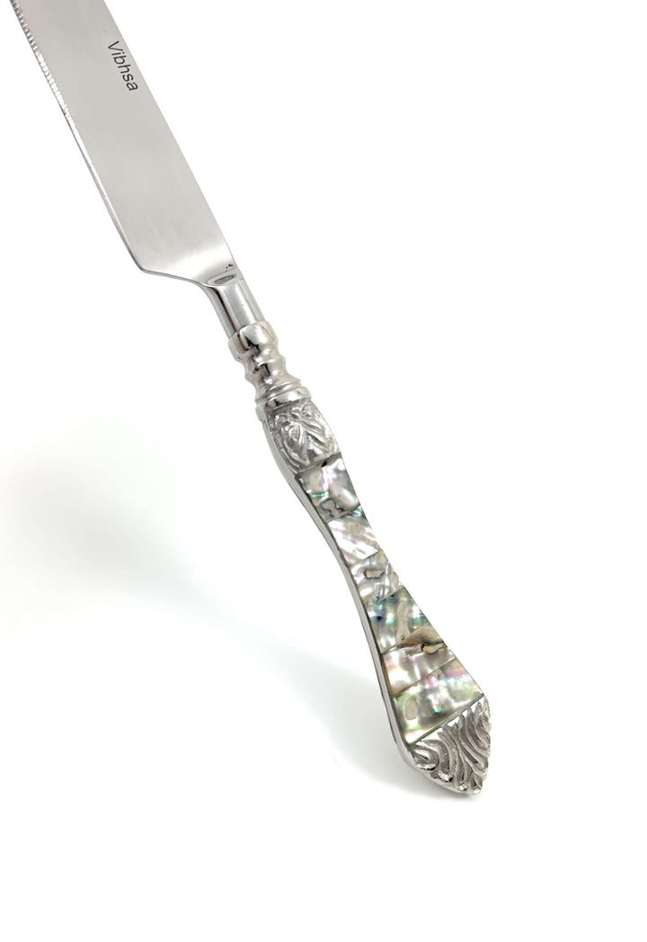 Knife from Vintage Coastal Flatware Set with Abalone Inlay Handles (Set of 20) showcasing iridescent abalone detail.