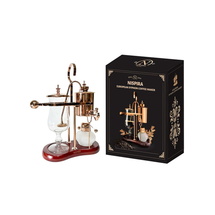 Vintage Copper Belgian Balance Siphon Coffee Maker with box, stainless steel and hand-blown glass for theatrical brewing experience.