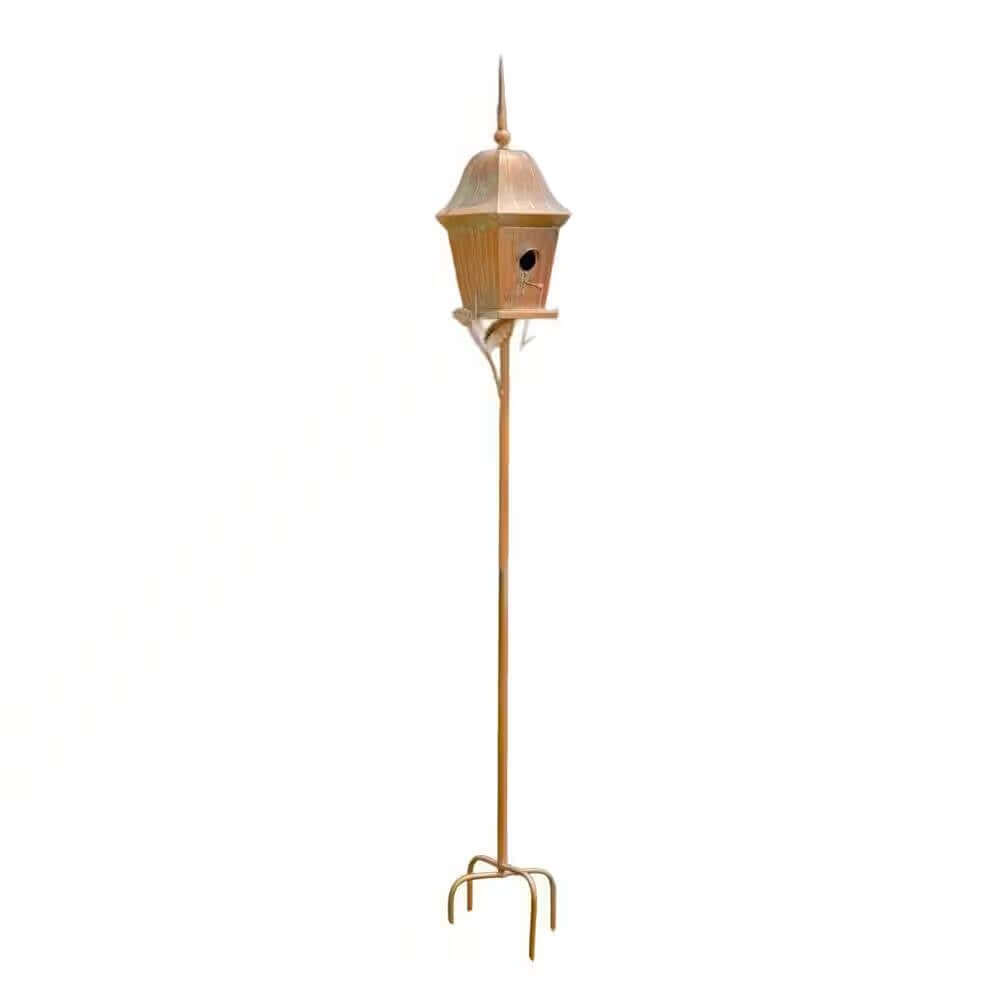 Vintage Copper Finish Garden Birdhouse with Stake featuring antique-style design and weather-resistant iron construction.