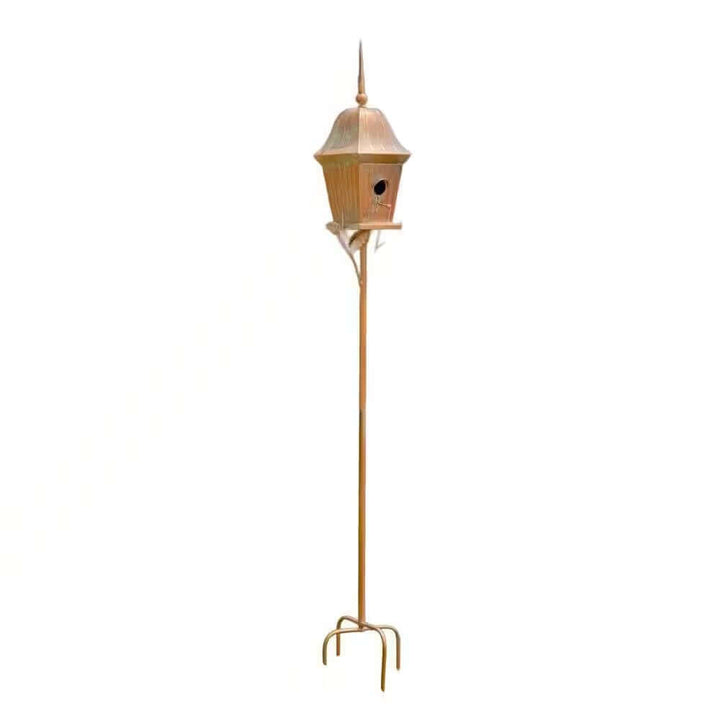 Vintage Copper Finish Garden Birdhouse with Stake featuring antique-style design and weather-resistant iron construction.