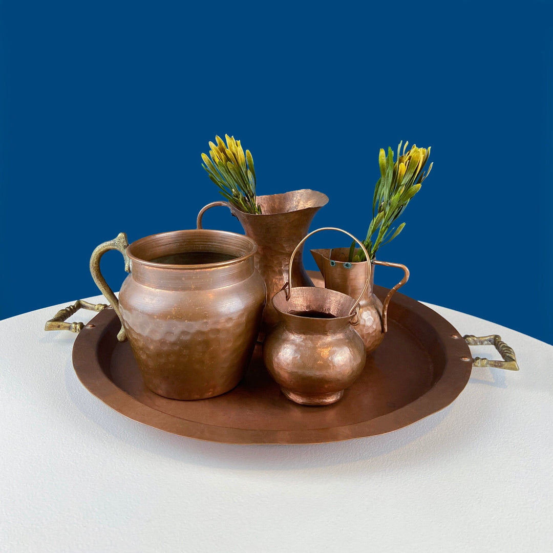 Collection of Vintage Copper Vases & Tray with Brass Handles. Set of 4 Small Hand Pounded Containers. Rustic Home Cabin Decor.