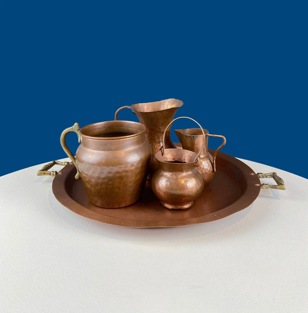 Collection of Vintage Copper Vases & Tray with Brass Handles. Set of 4 Small Hand Pounded Containers. Rustic Home Cabin Decor. Styling Ideas.