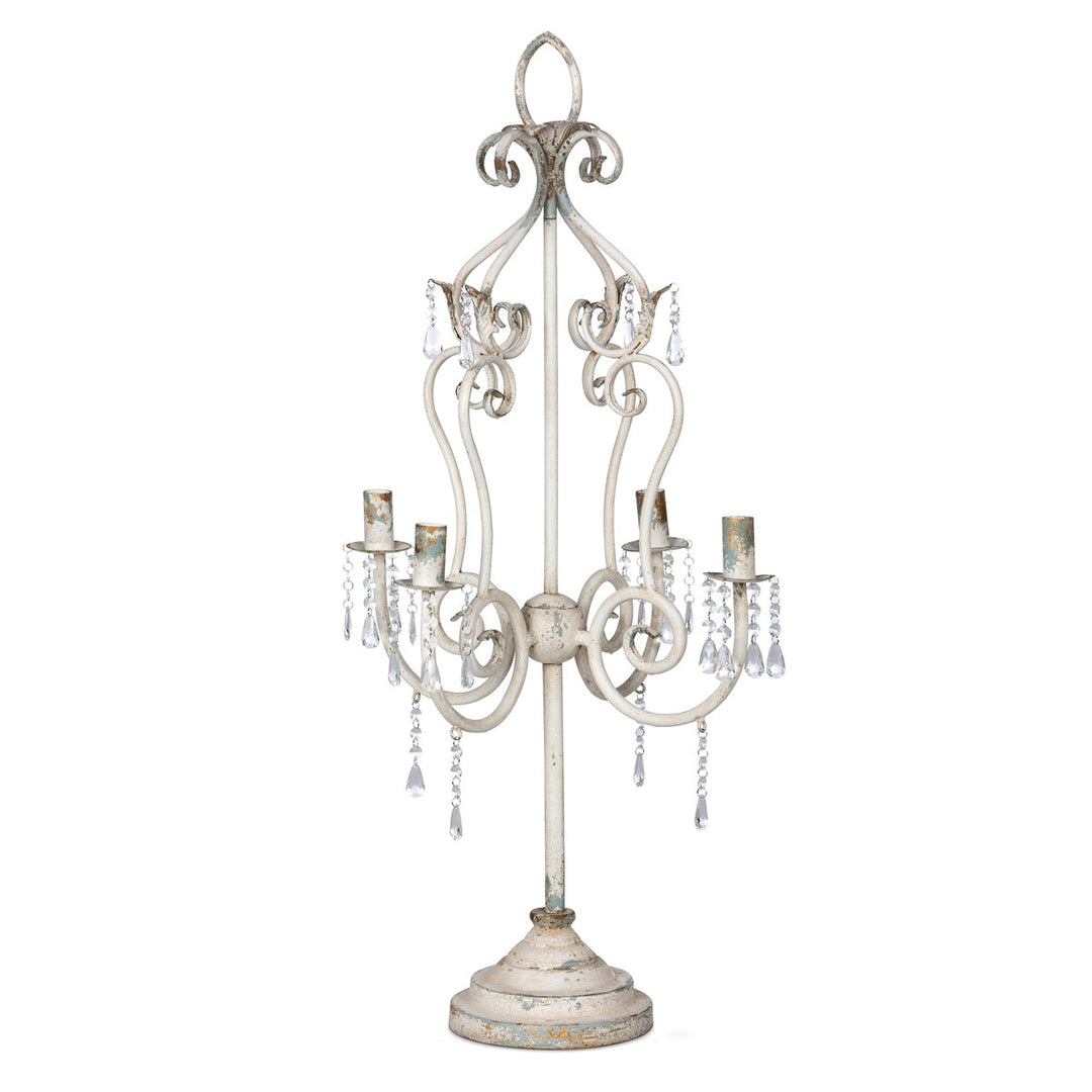 Vintage tabletop chandelier with crystals and distressed finish, adding romantic elegance and antique charm to any room.