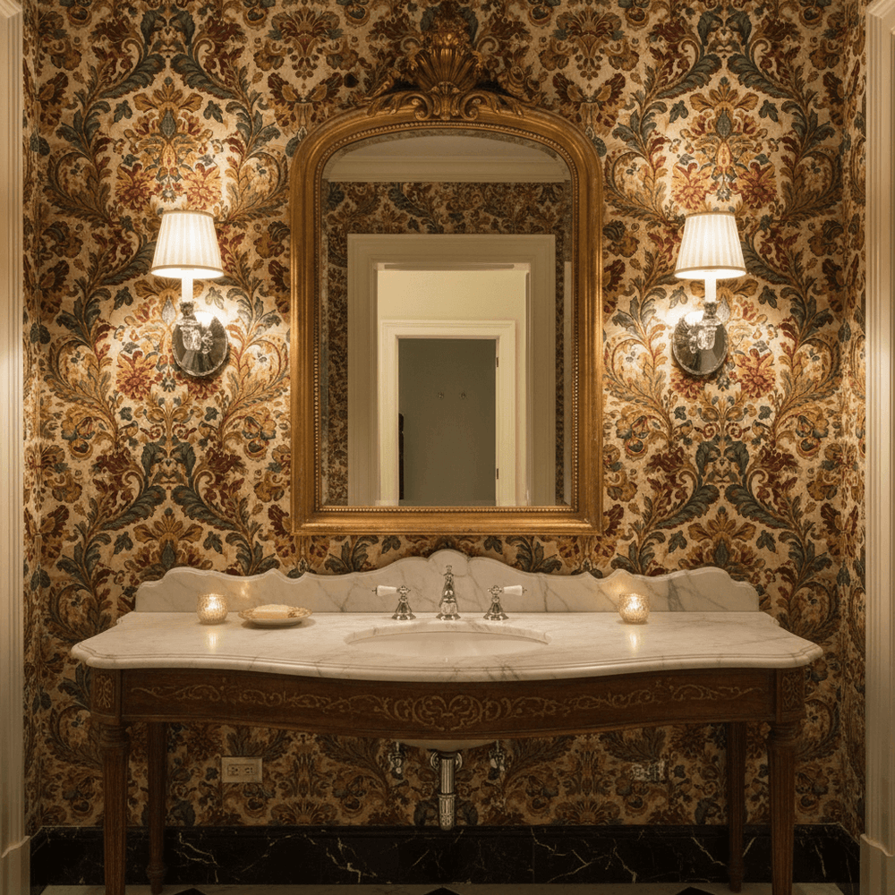 Elegant bathroom interior featuring Vintage Crystal Wall Sconce with Polished Nickel Trim, illuminating a patterned wallpaper setting.