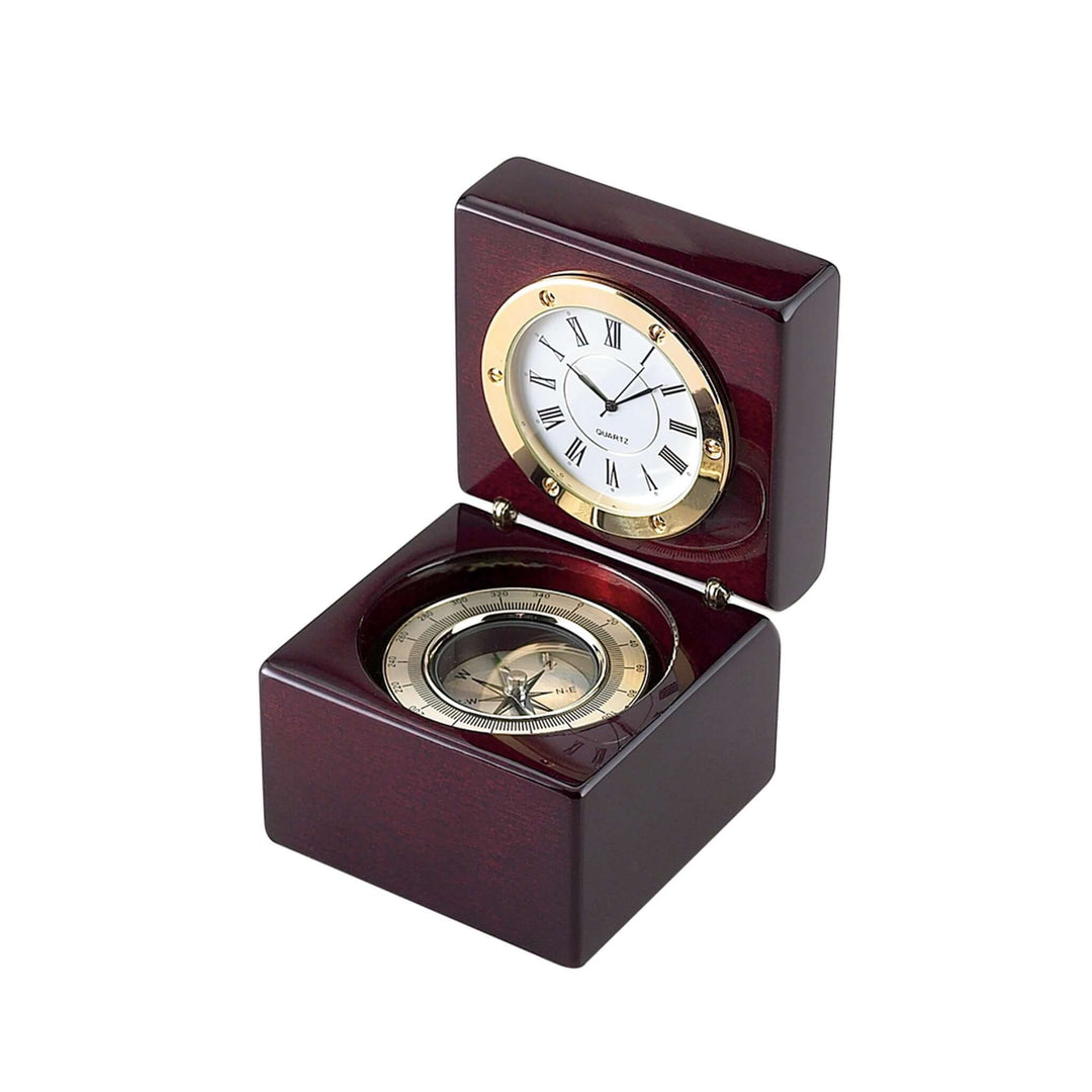 Vintage Desk Clock and Compass in Rosewood Box with gold accents and quartz clock, showcasing elegant old-world craftsmanship.