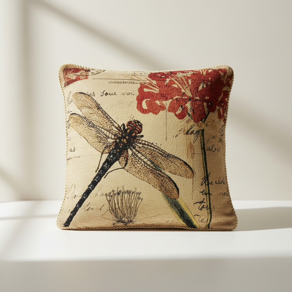 Vintage Dragonfly Tapestry Pillow with Floral Motif (Set of 2) featuring intricate dragonfly and floral designs on a decorative pillow.