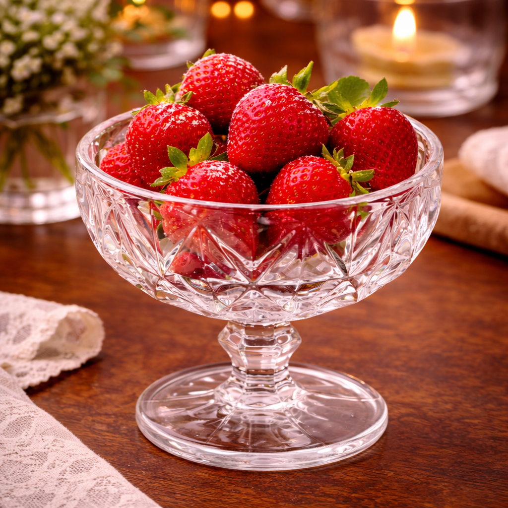 Style A pressed-glass dessert cup with diamond embossing and pedestal base